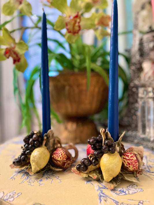 Vintage Italian Lemon, Pomegranate, and Grape Porcelain Candleholder Pair, Hand painted Estate Decor, Capodimonte