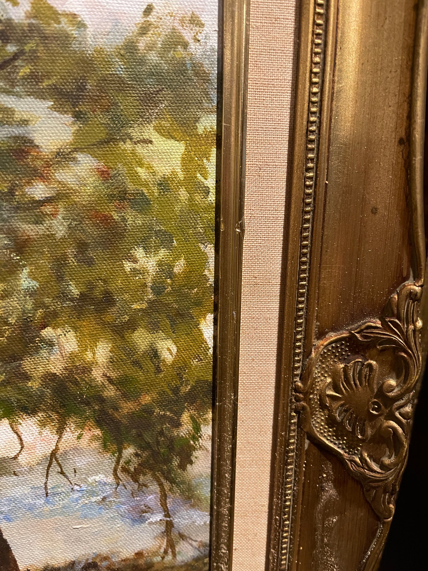 White Country Church in a field of Bluebonnets, Vintage Painting, Gold Frame