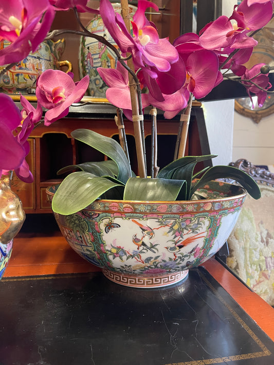 Large Famille Rose Punch Bowl, Greek Key Border