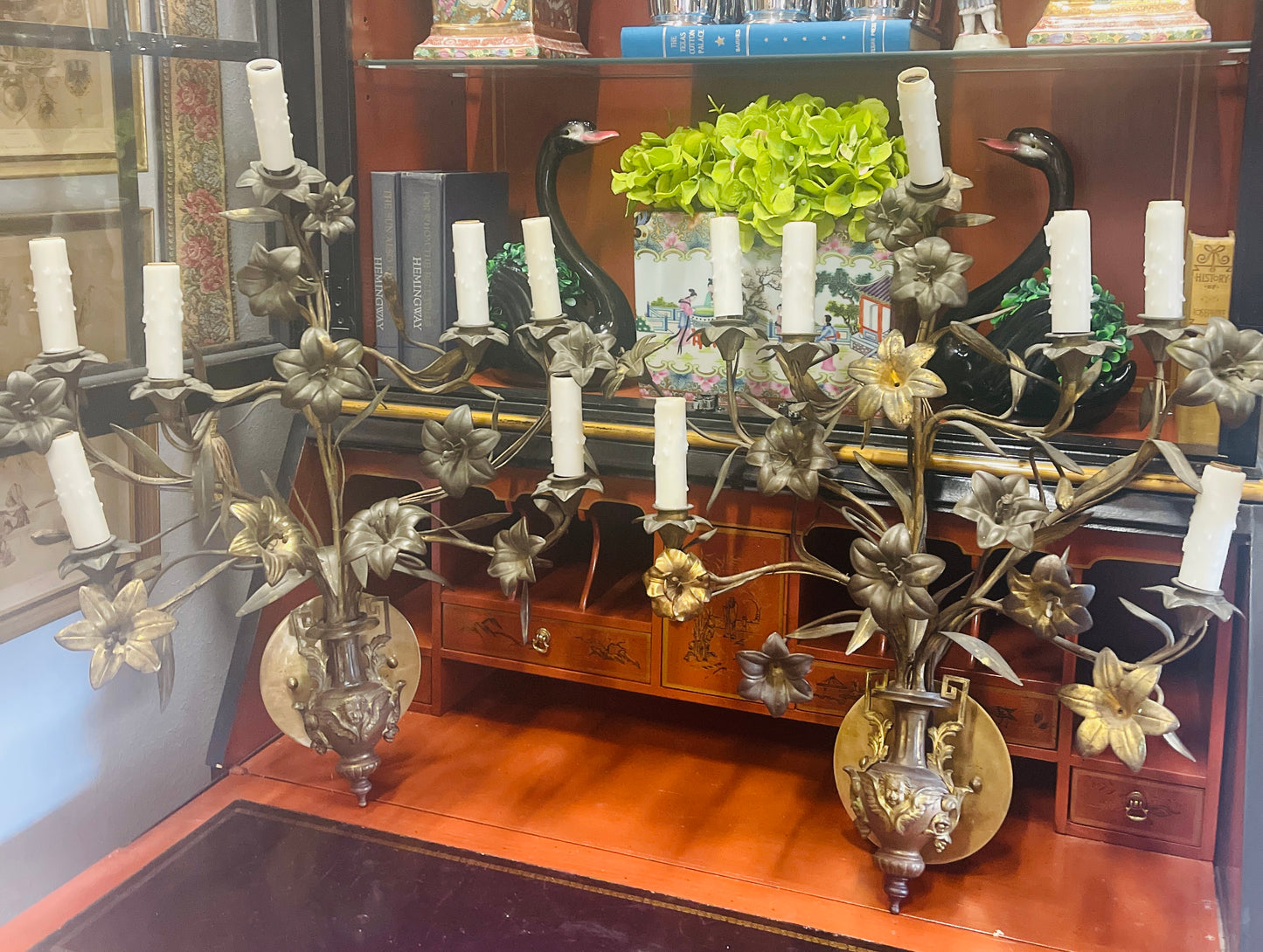 Late 19th Century French Bronze Candelabra Style Wall Sconces, Cheub Urns