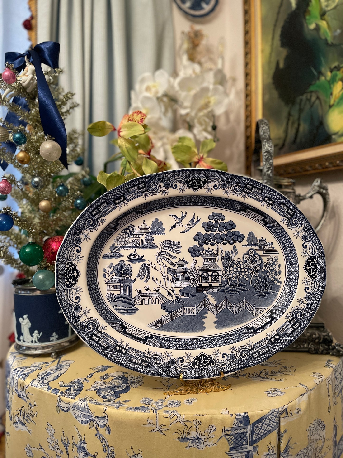 XLarge Vintage Blue Willow Platter, Chinoiserie Statement Piece