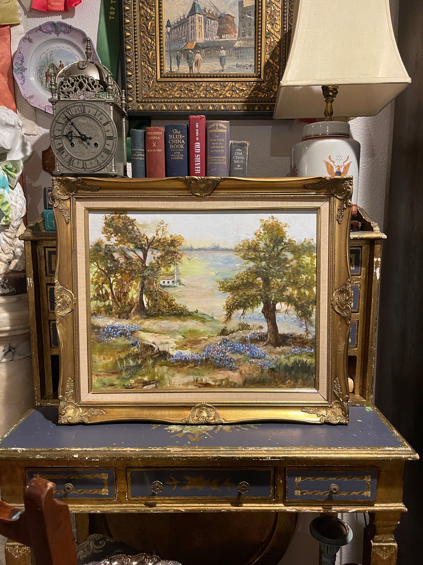 White Country Church in a field of Bluebonnets, Vintage Painting, Gold Frame