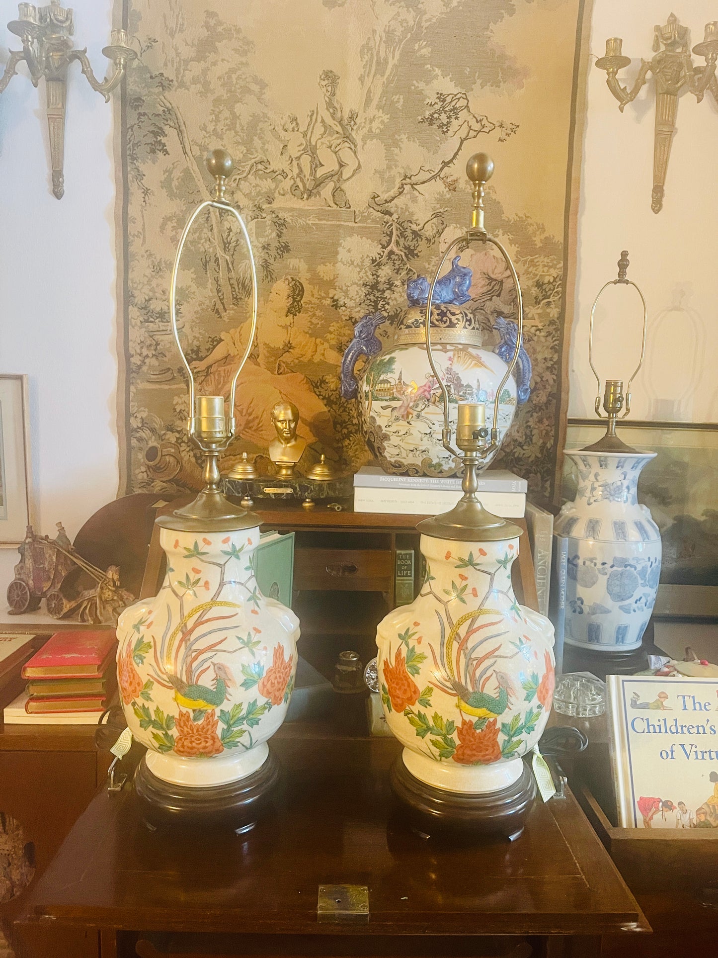 Pair of Chinoiserie Lamps, Vintage Chinese Porcelain