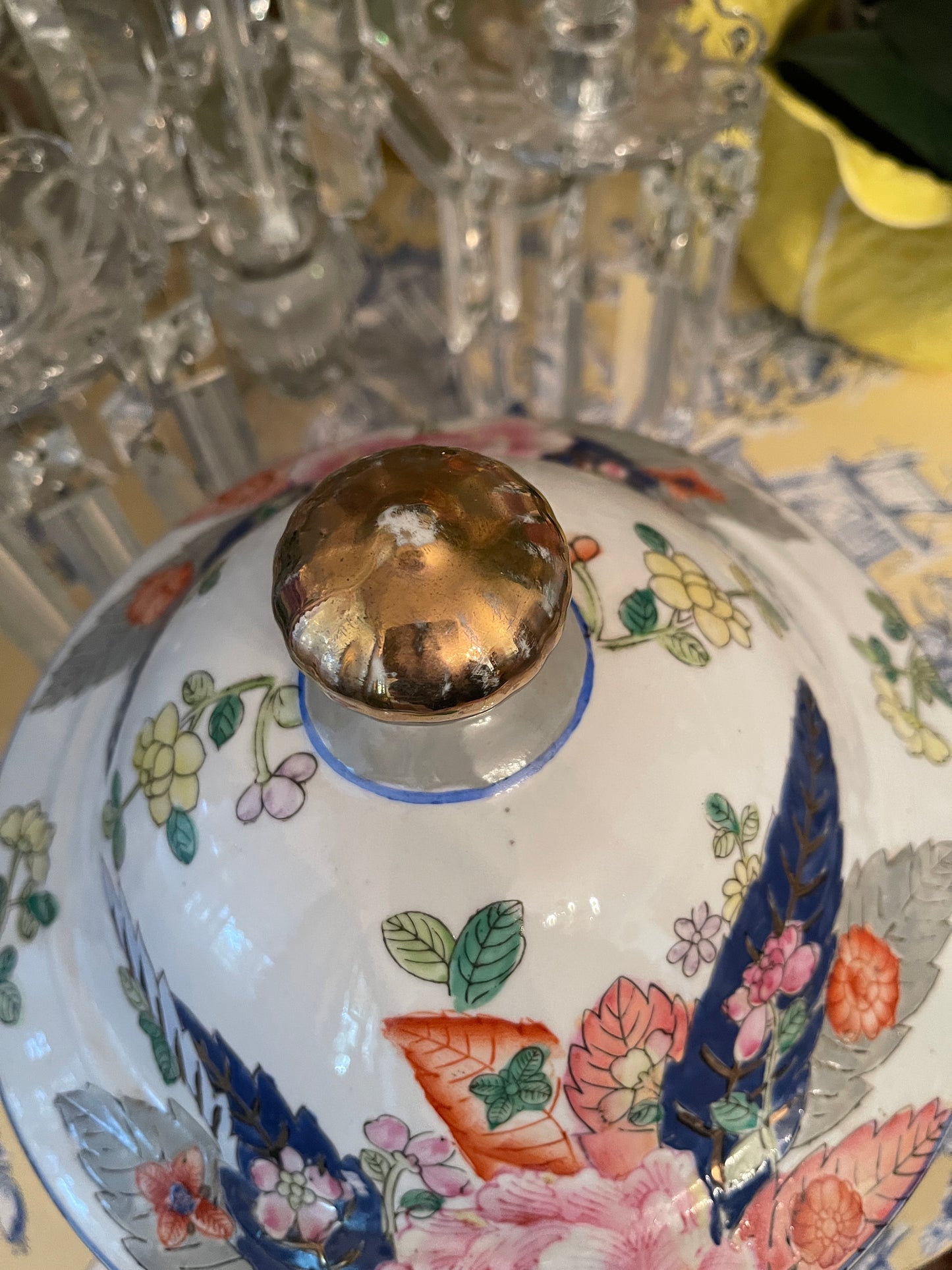Vintage Tobacco Leaf Lidded Tureen, Gilt Lion Head Accents