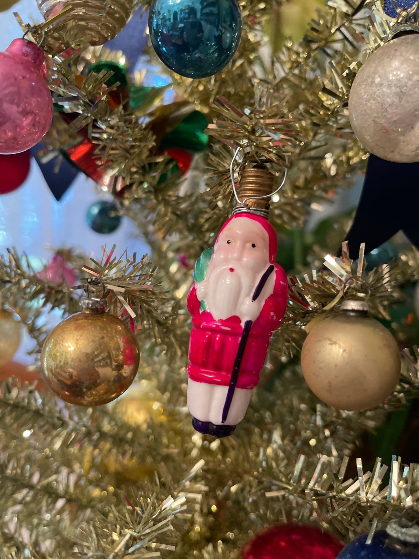 Vintage St Nicholas with Walking Stick and Green Sack Figural Milk Glass Light Bulb, Holiday Estate Decor