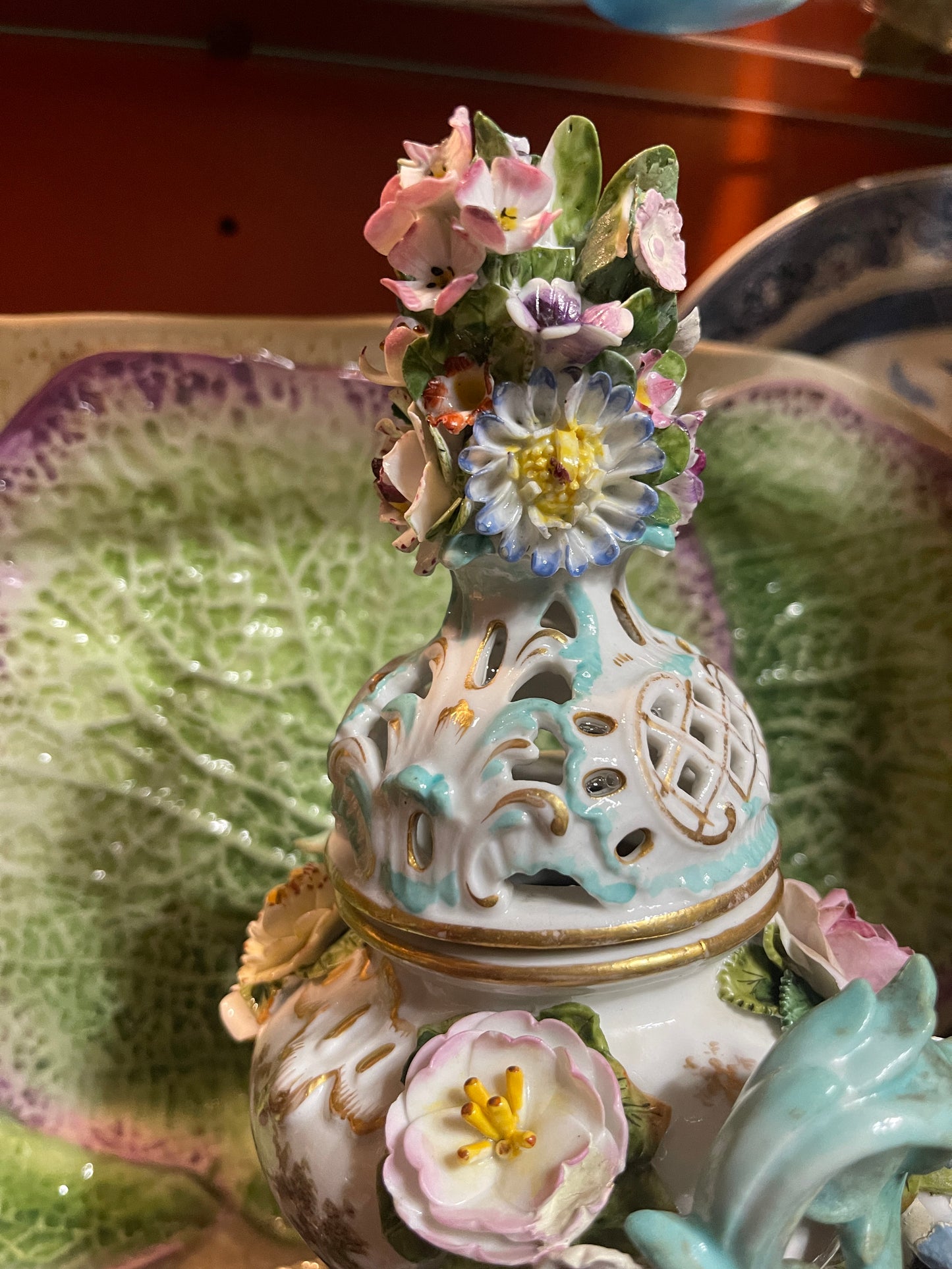 Antique Meissen Potpourri Urn with Cherubs | Bird Scene Porcelain | Floral Encrusted | 11.5”