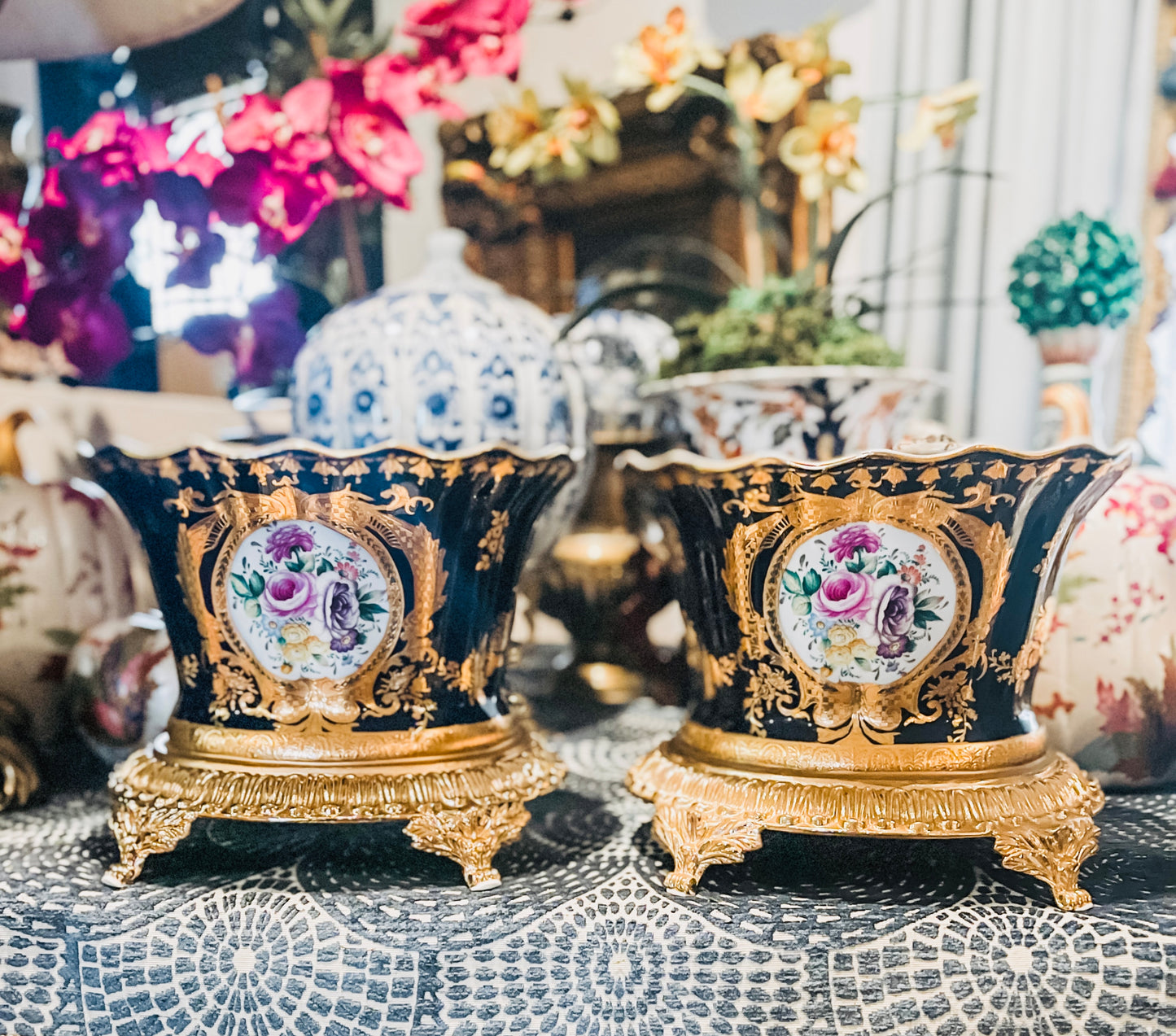 Vintage Cobalt Blue and Gilt French Bouquet Jardiniere