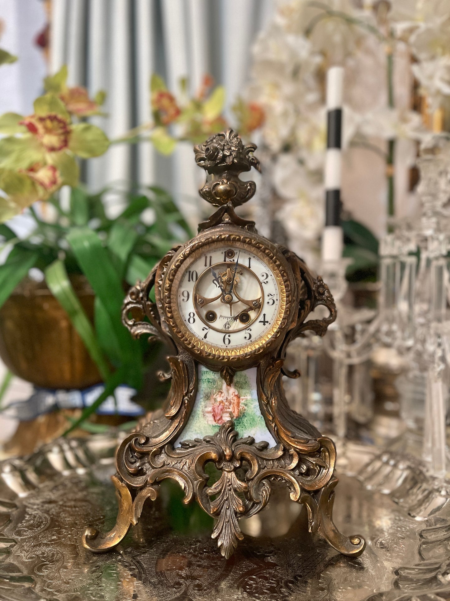 Antique French Ormolu Bronze Mantel Clock with Hand Painted Porcelain Adornment