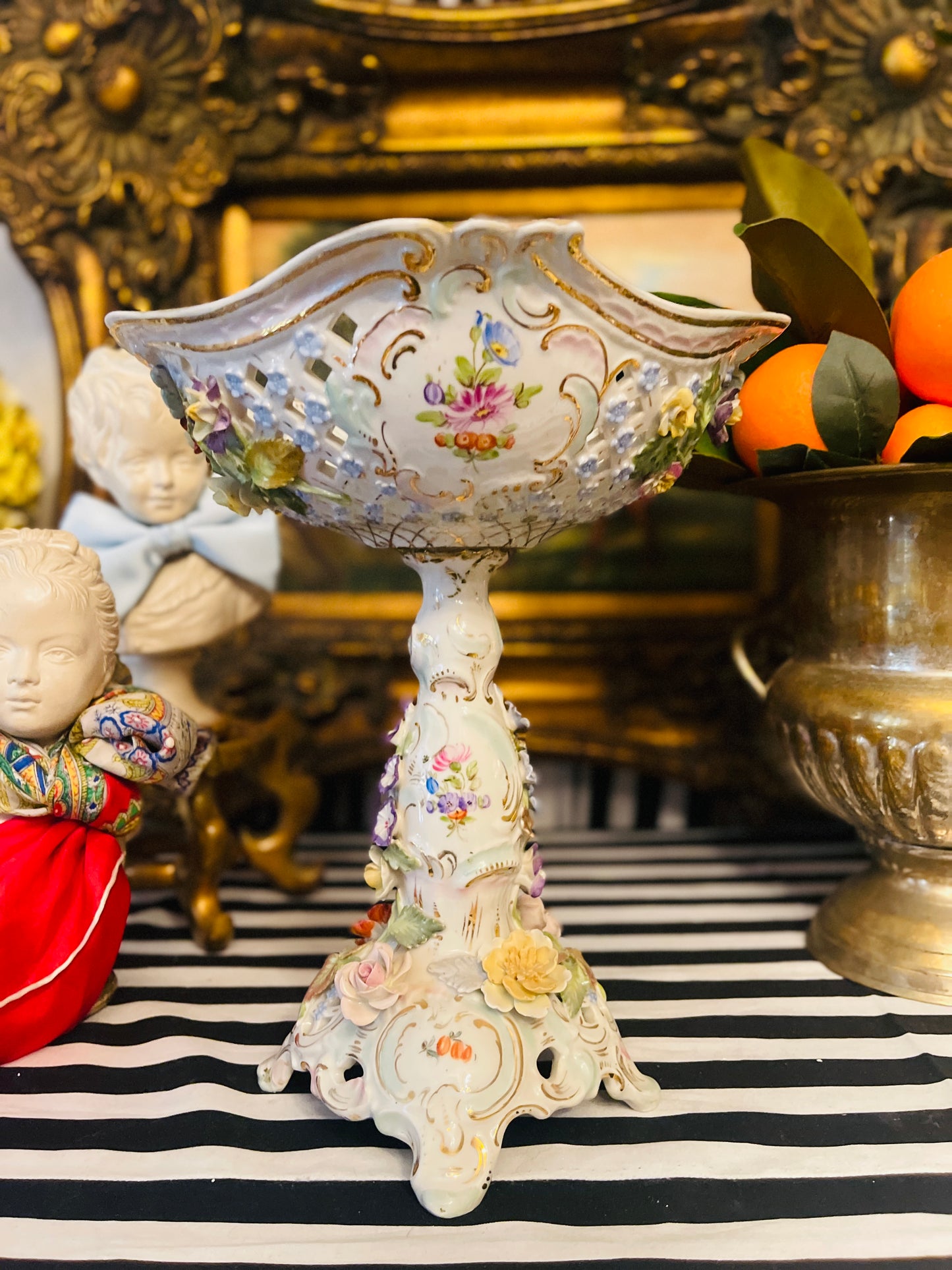 Antique Dresden Footed Reticulated Baroque Compote, Hand Painted Pink Bows and Applied Flowers