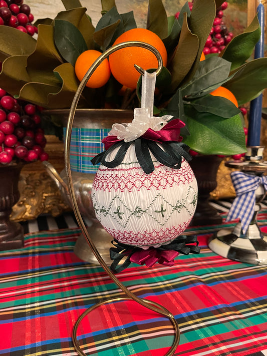 4” Burgundy and Hunter Green Vintage Smocked Christmas Ornament