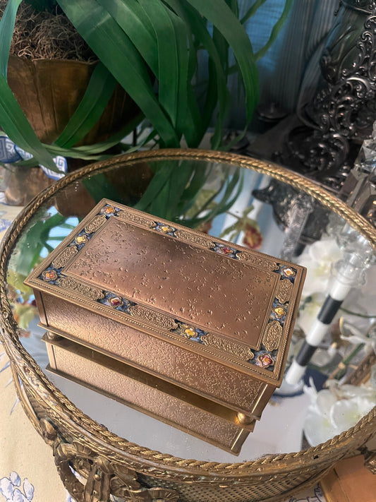 Antique Louis C Tiffany Furnaces Gold Dore’ Bronze Casket with Glass Inlay and Original Insert, Fantastic Estate Decor