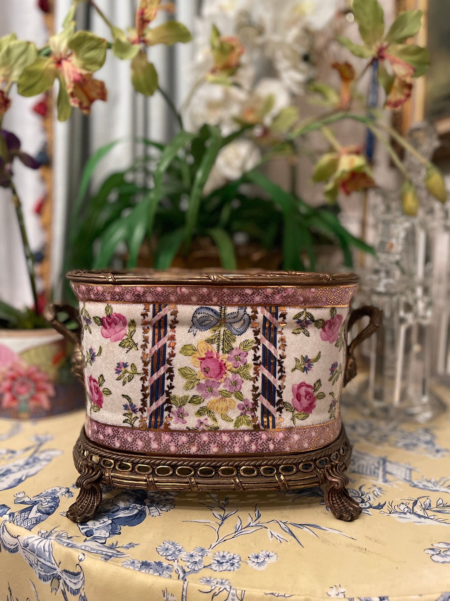Vintage Floral Porcelain and Ormolu Shell Footed Planter, Blue Bow, Double Handled