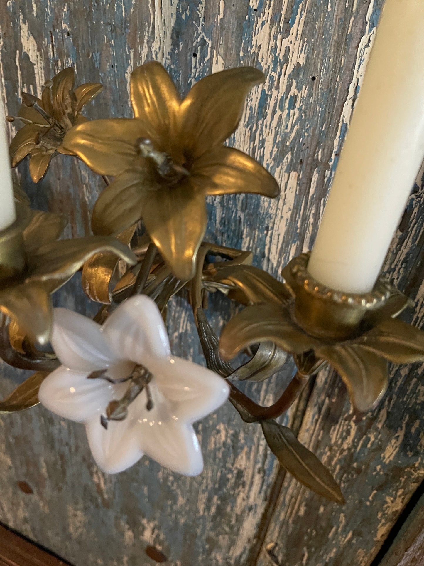 Antique French Church Gold Tole and Milk Glass Wall Sconces, Pair