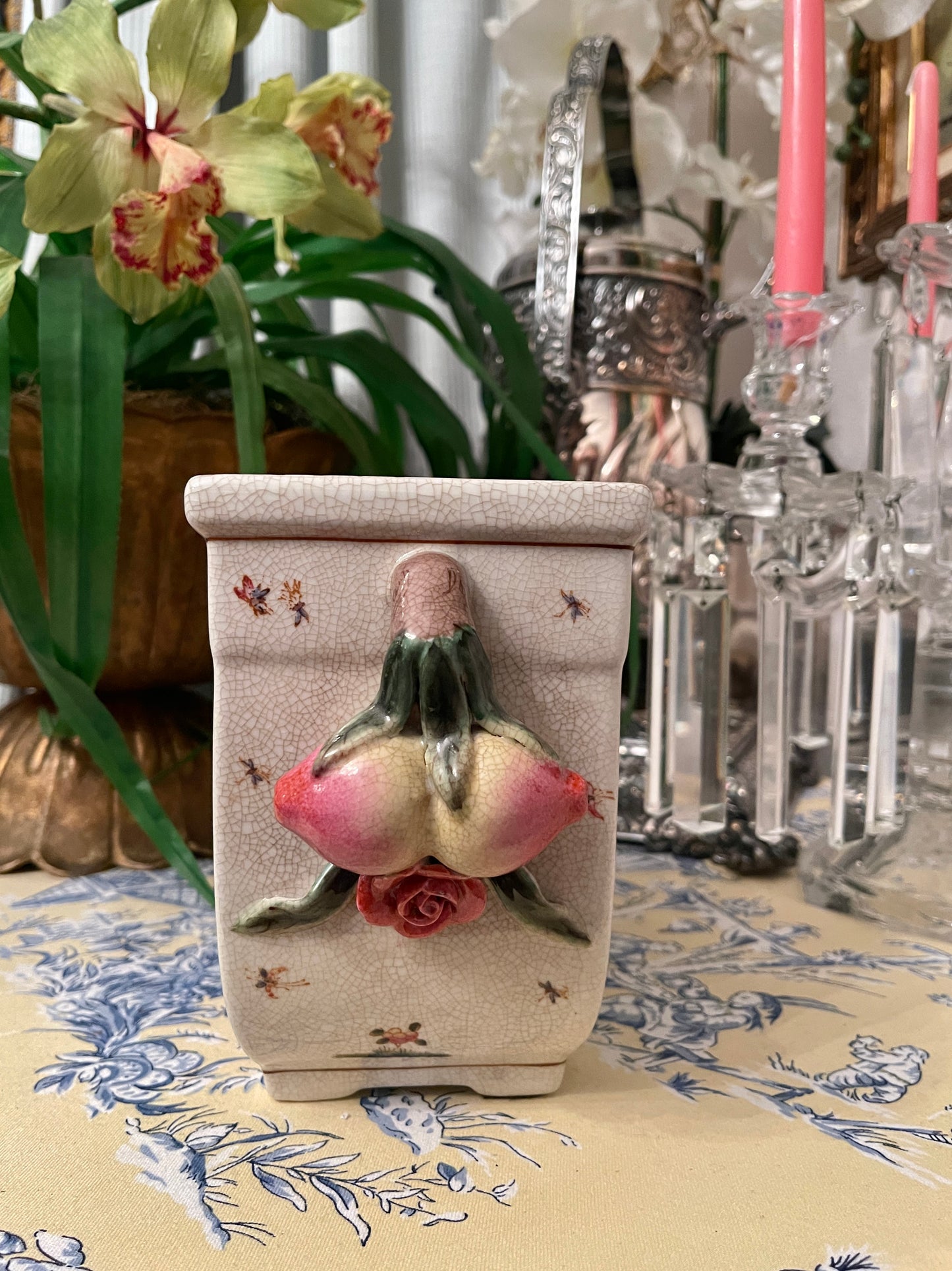 Vintage Chinoiserie Bird Footed Cachepot Planter with Applied Fruit Handles
