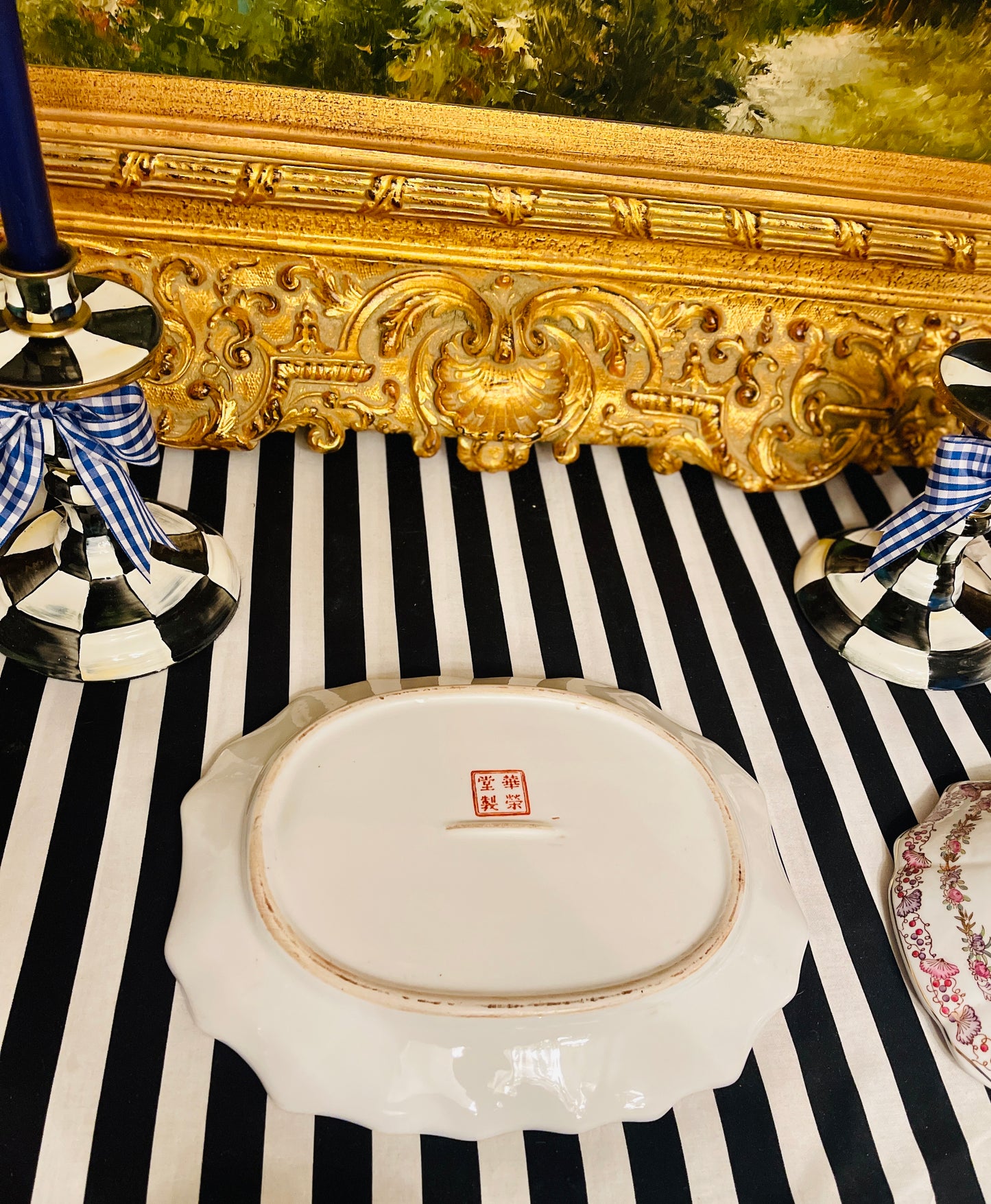 Vintage Chinoiserie Hua Ping Tang Zhi Lidded Tureen with Underplate, Pink Foo Handles, Fruit Ginial