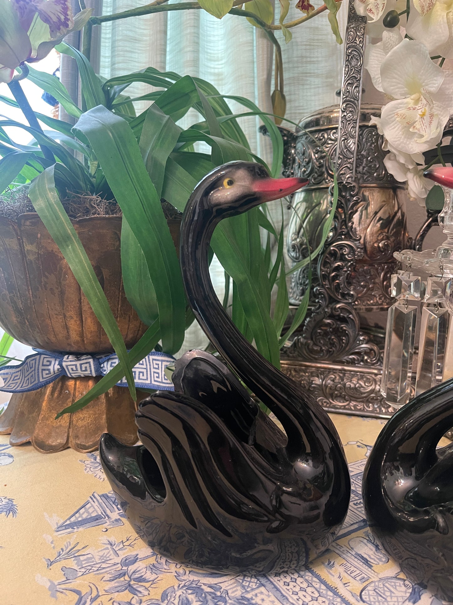 Black Swan Cache Pot Planter Pair, Mid 20th Century, Maddox Pottery