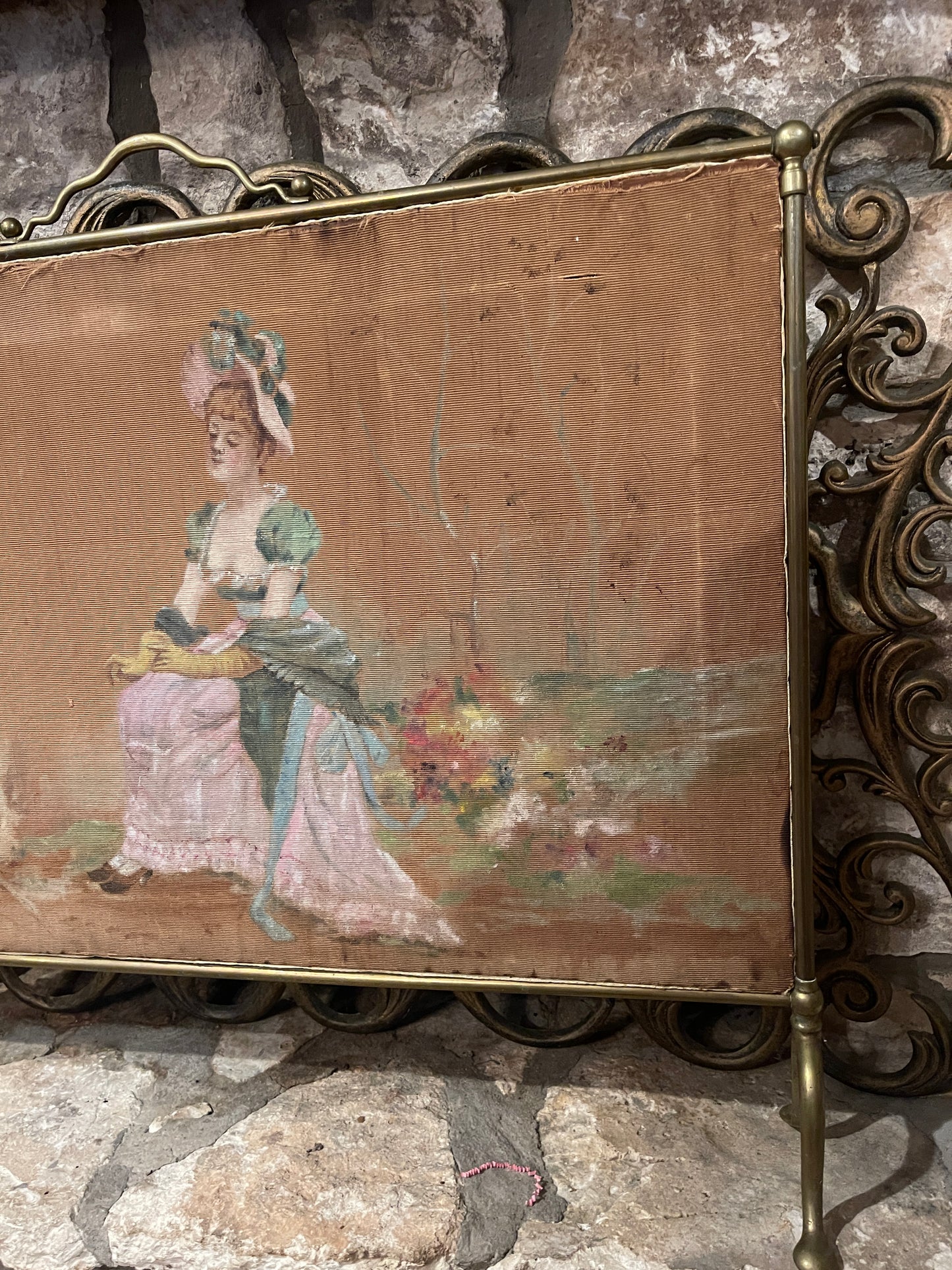 Antique Victorian Hand-Painted Fireplace Screen on Fabric with Brass Frame | Romantic 19th-Century Art Panel | Found in Round Top