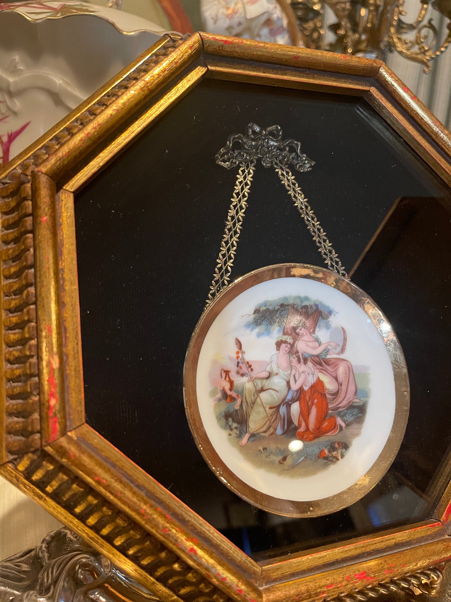Framed French Victorian Plates with Filigree Tole Bows, Pair, Vintage