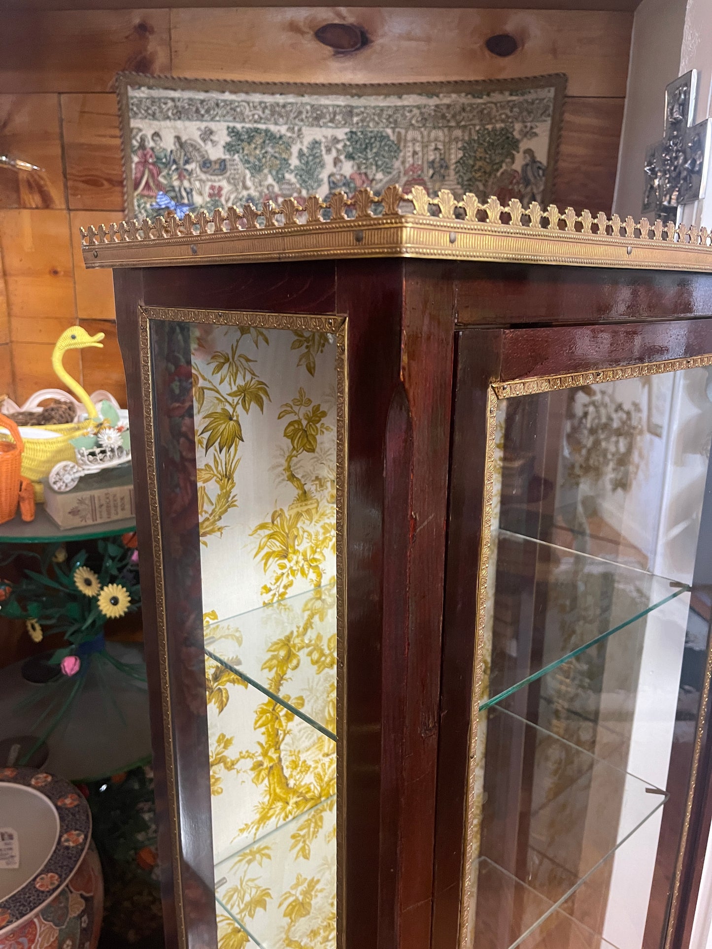 Vintage Mariner Glass Display Cabinet with Golden Chinoiserie Fabric Back & Gilt Gallery, Made in Spain, *PICK UP ONLY*
