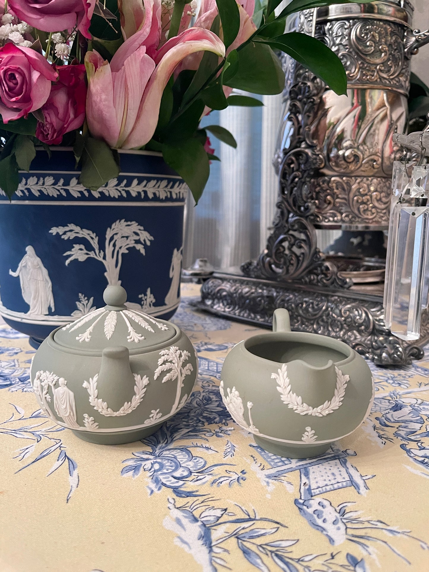 Wedgwood Cream and Lidded Sugar Bowl Set, Cream on Celadon Jasperware, Vintage