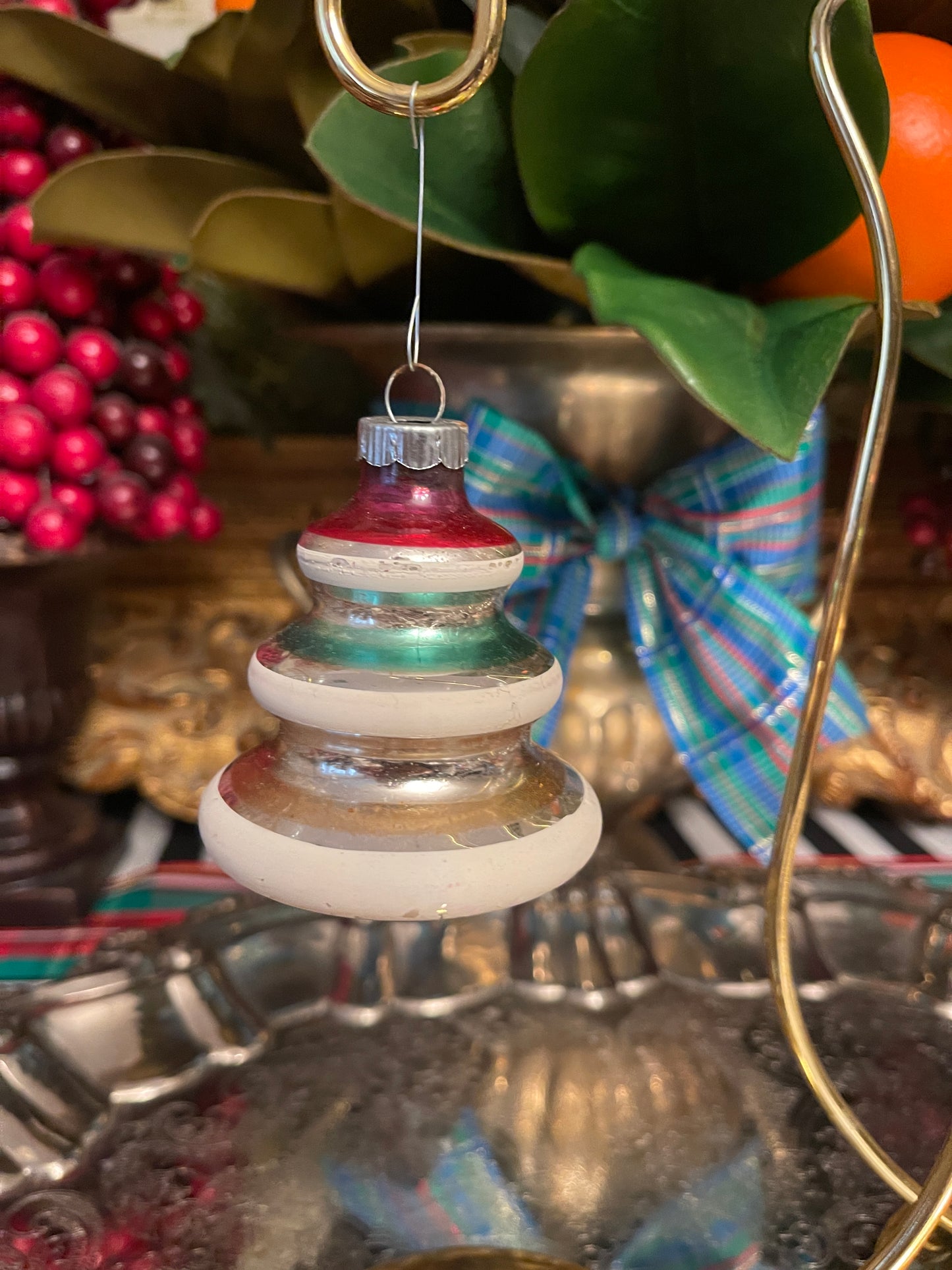 Vintage Shiny Brite Striped Mica UFO Tree Ornament Pair, Mid Century, Holiday Estate Decor