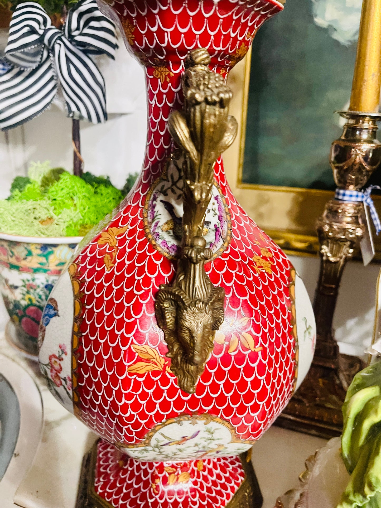 Vintage Red Porcelain Bird Lamps Pair | Ormolu Bow & Wreath Handles | European Twists, Grandmillennial / Chinoiserie Decor