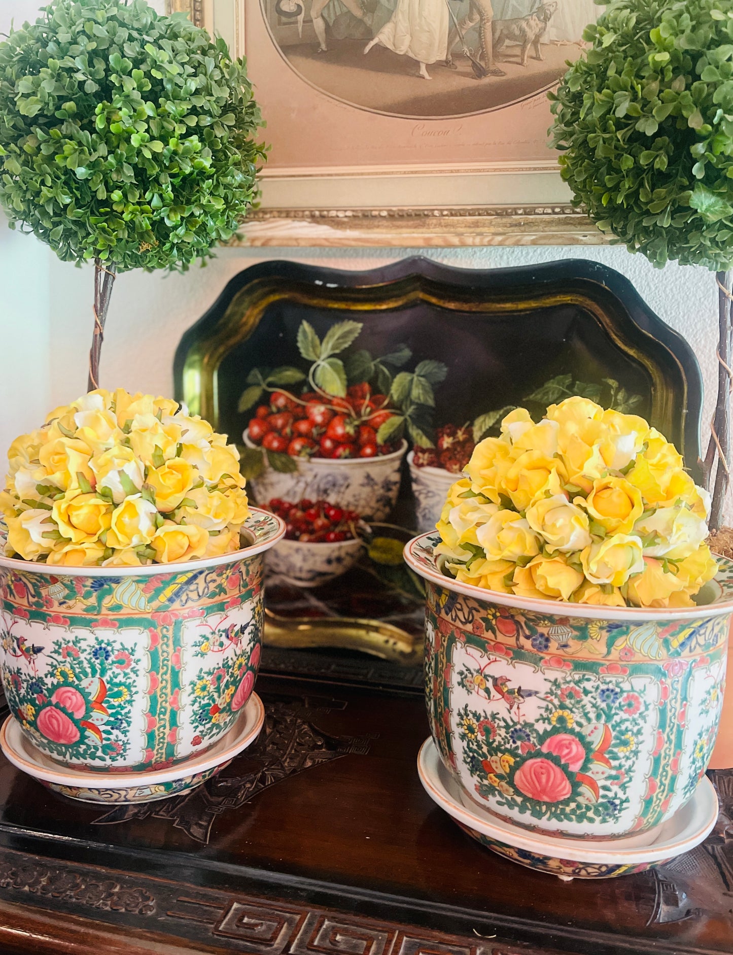 Vintage Chinoiserie Rose Canton Cachepot with Saucer- TWO AVAILABLE