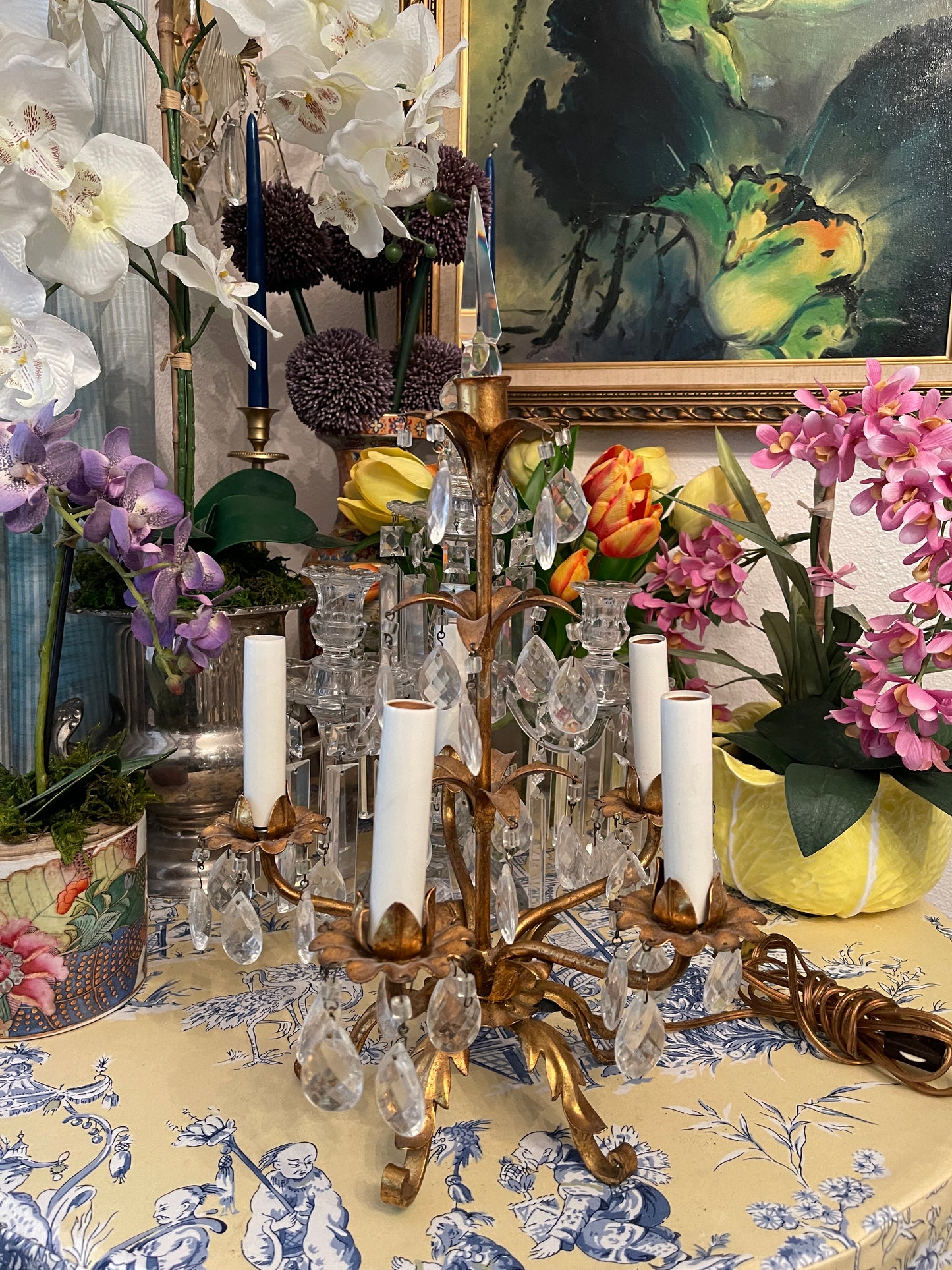 Italian Gilt Tole Table Lamp, Vintage, Five Light, vintage Gilt Lamp