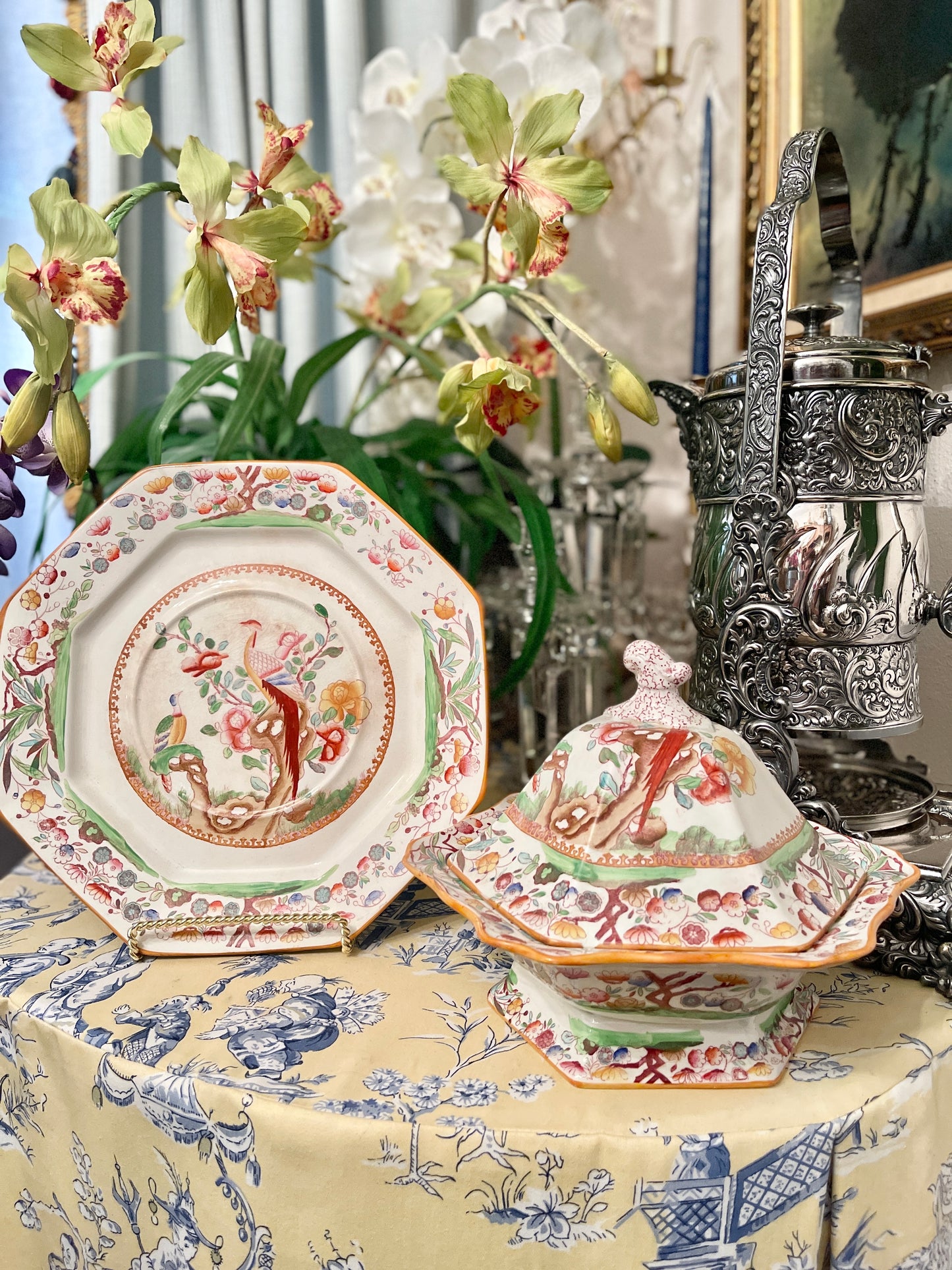 Antique Chinoiserie Birds of
Paradise Lidded Dish and Underplate by Ashworth
Bros. Hanley, Staffordshire England, Mason's Ironstone, Chinoiserie Chic