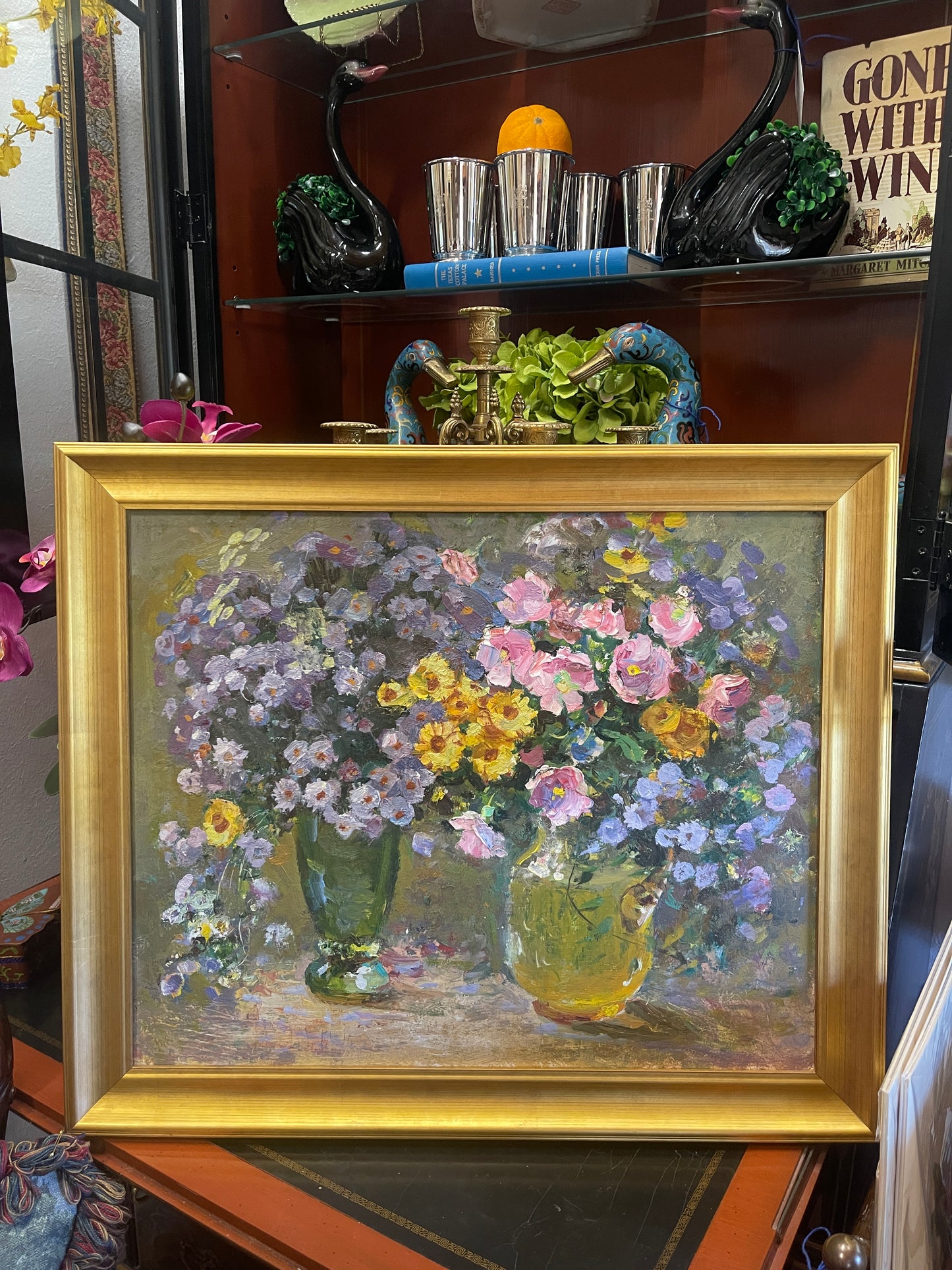 Vintage Floral Still Life in Pinks, Purples and Yellows