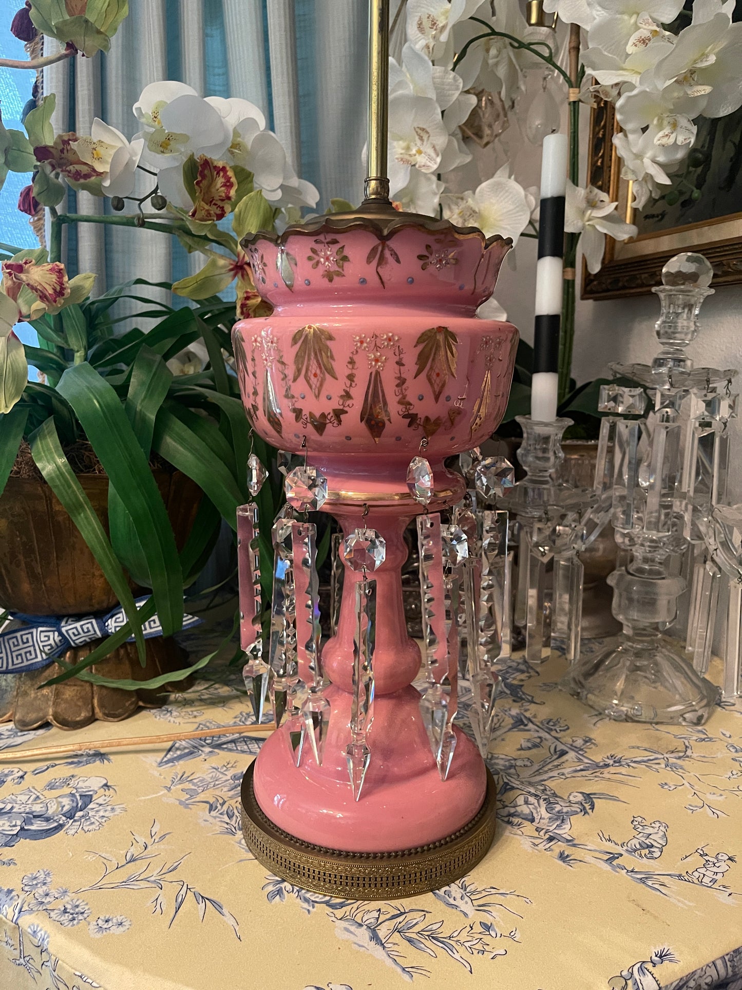 XL Antique Pink Lustre Telescopic Lamp with Crystal Prisms – Monte Vista Estate
