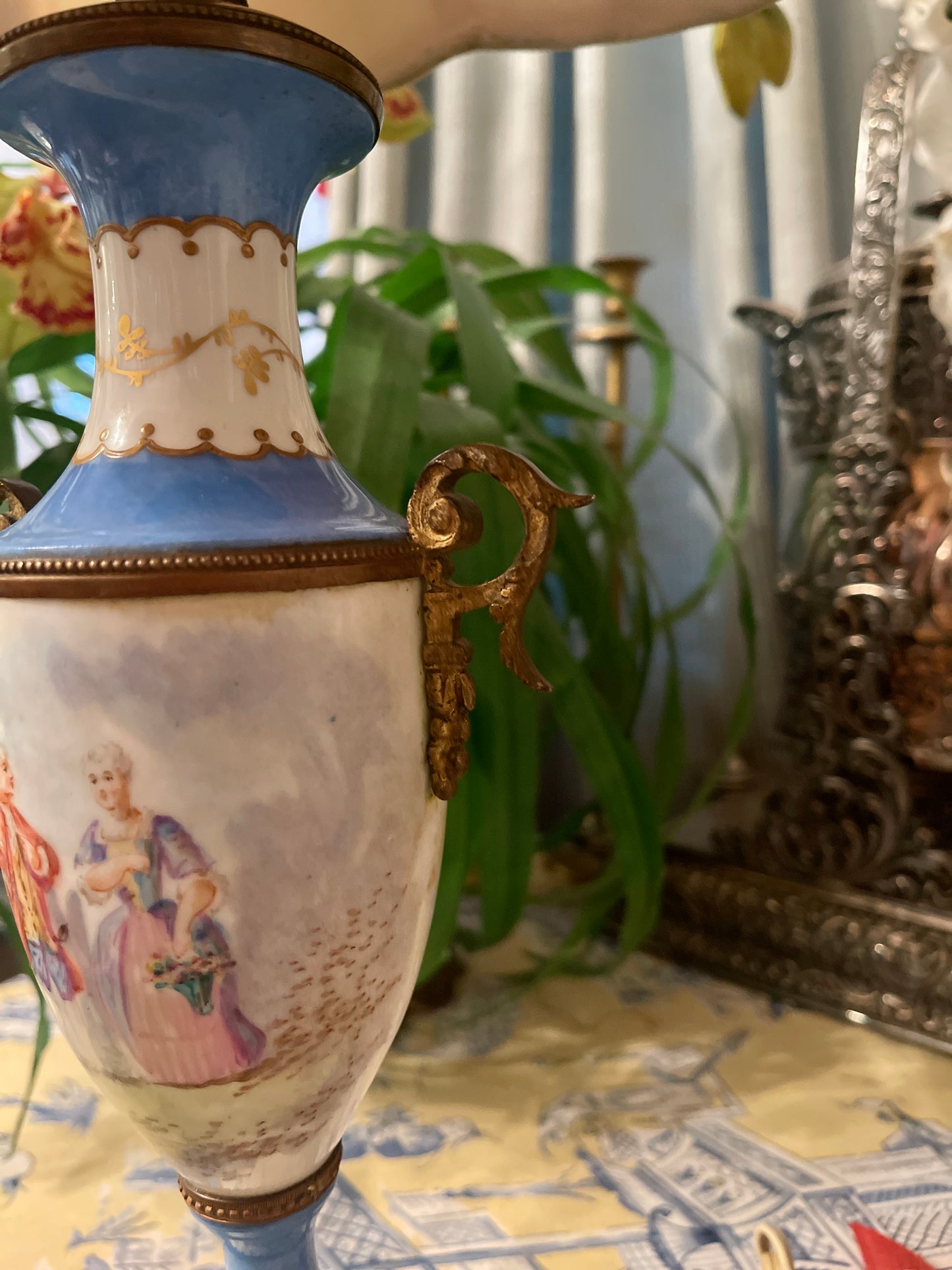 French Sevres Style Hand Painted Porcelain Urn Lamp