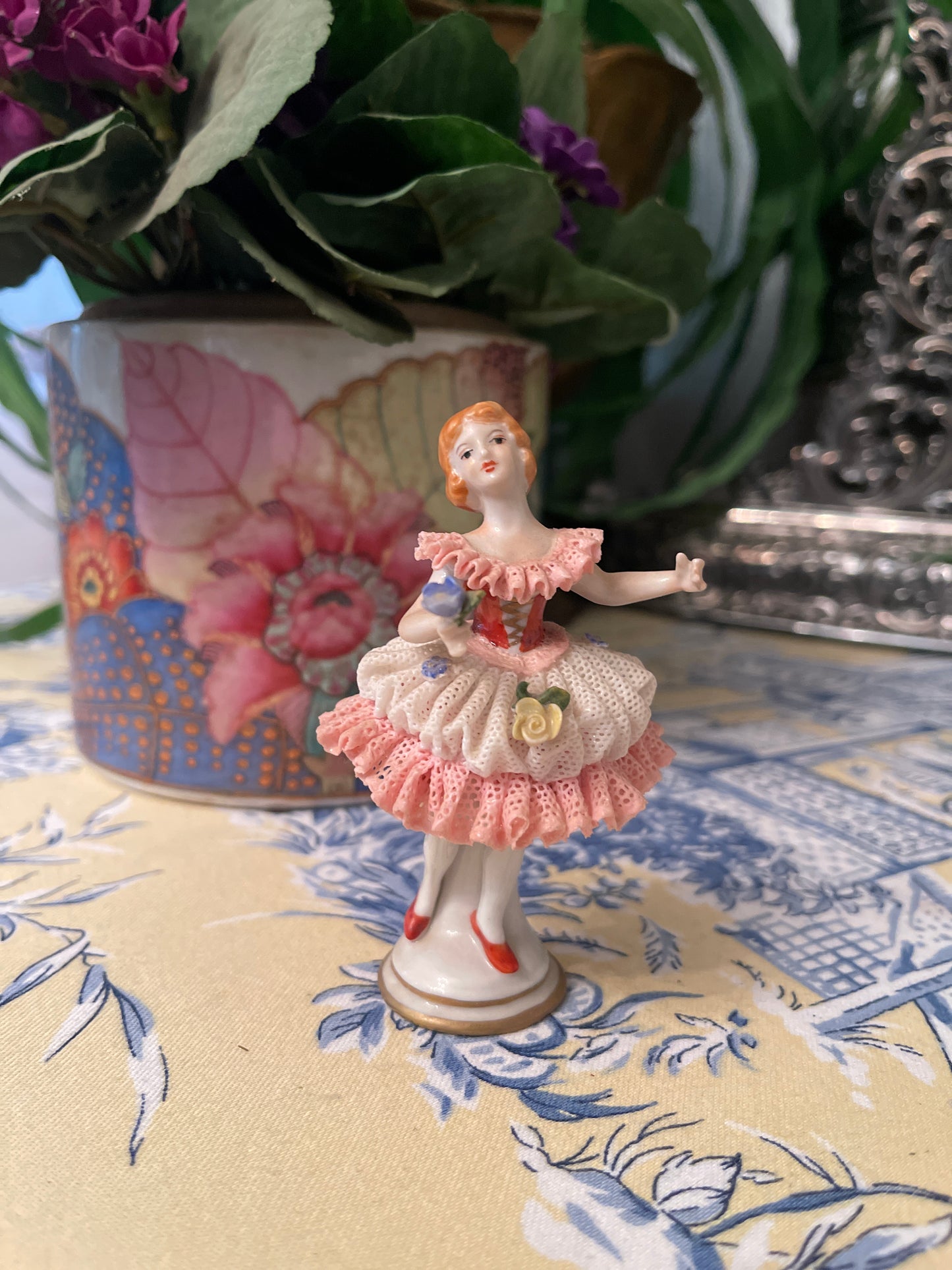 German Volkstedt Porcelain Lace Ballerina Lady Holding Flower