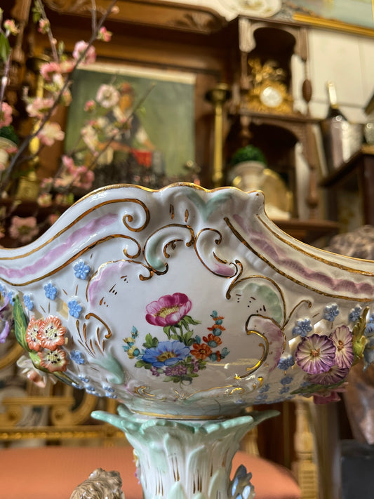 Antique Dresden Sitzendorf Figural Compote | 14” Rococo Cherub Centerpiece with Applied Flowers | c. 1900