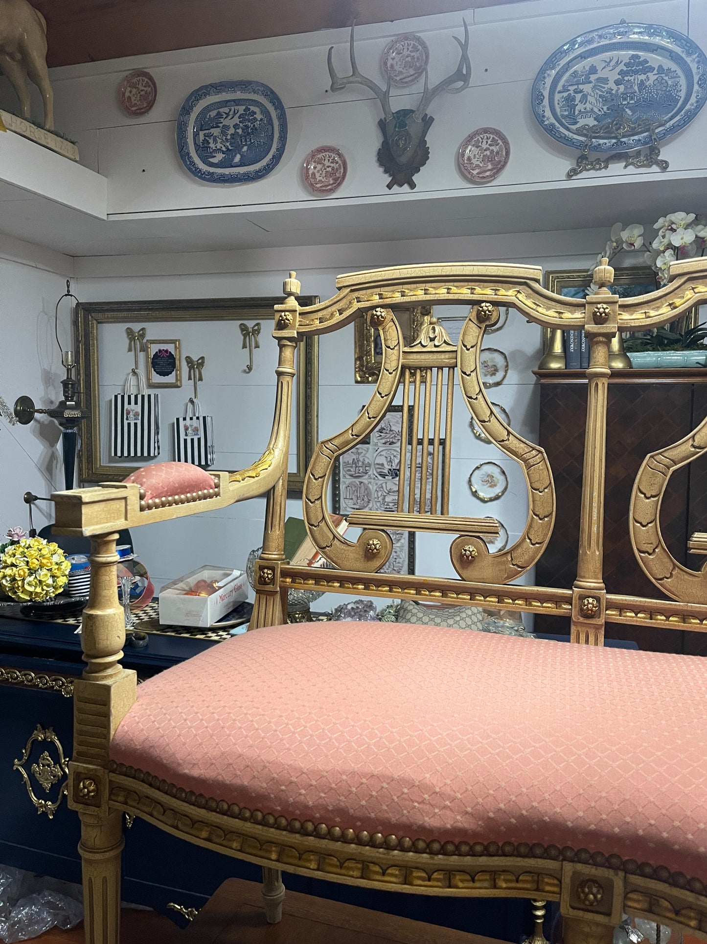 Antique Neoclassical Lyre Back Settee – Gilt Detailing & Blush Upholstery