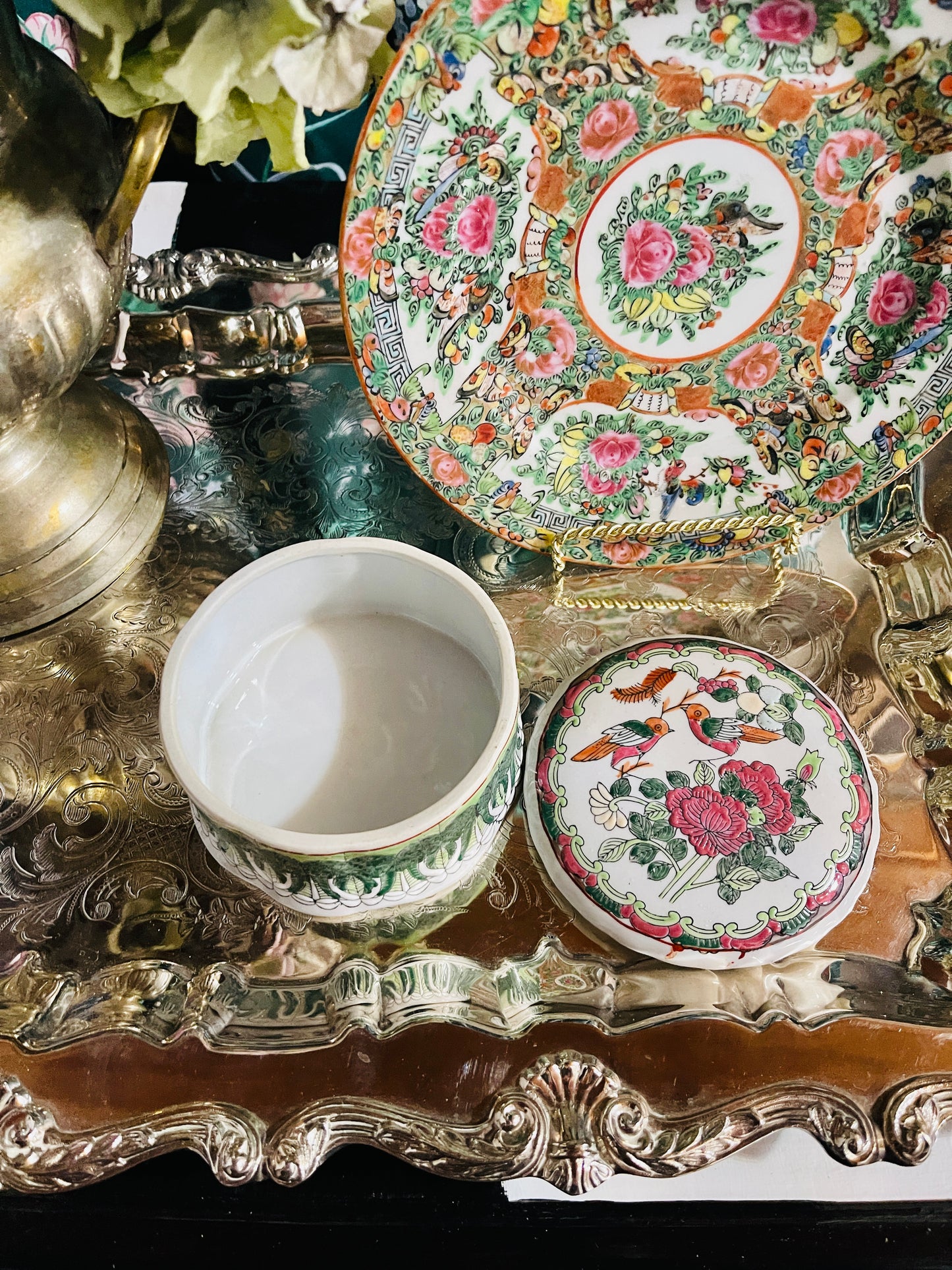 Chinoiserie Bok Choy Porcelain Trinket Box, Vintage