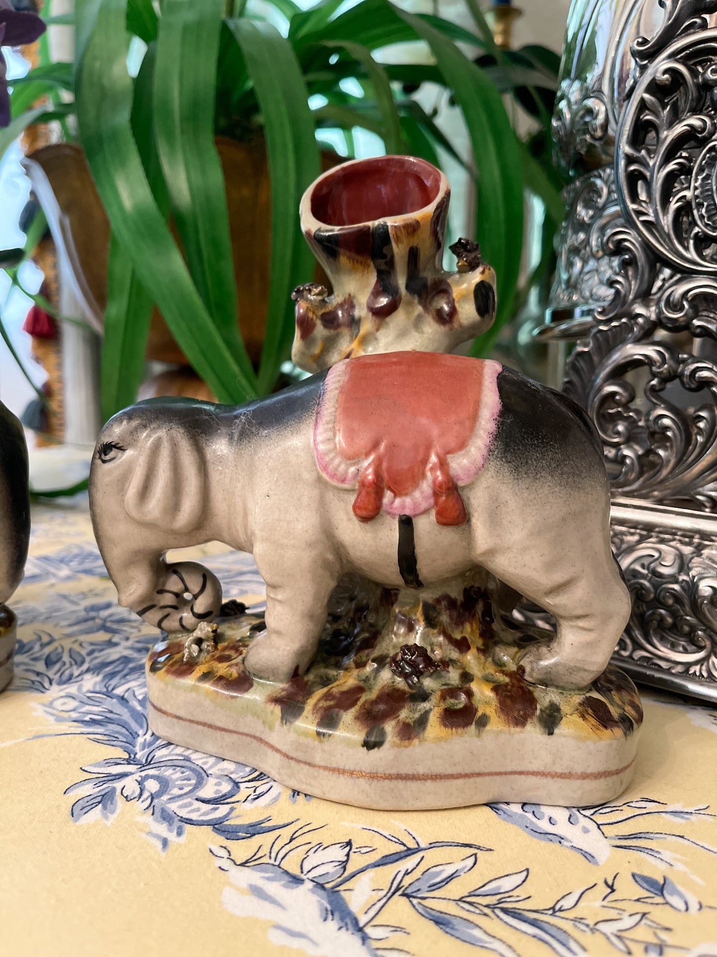 Pair of Staffordshire Style Elephant Spill Vases, Mirrored Pair, Vintage