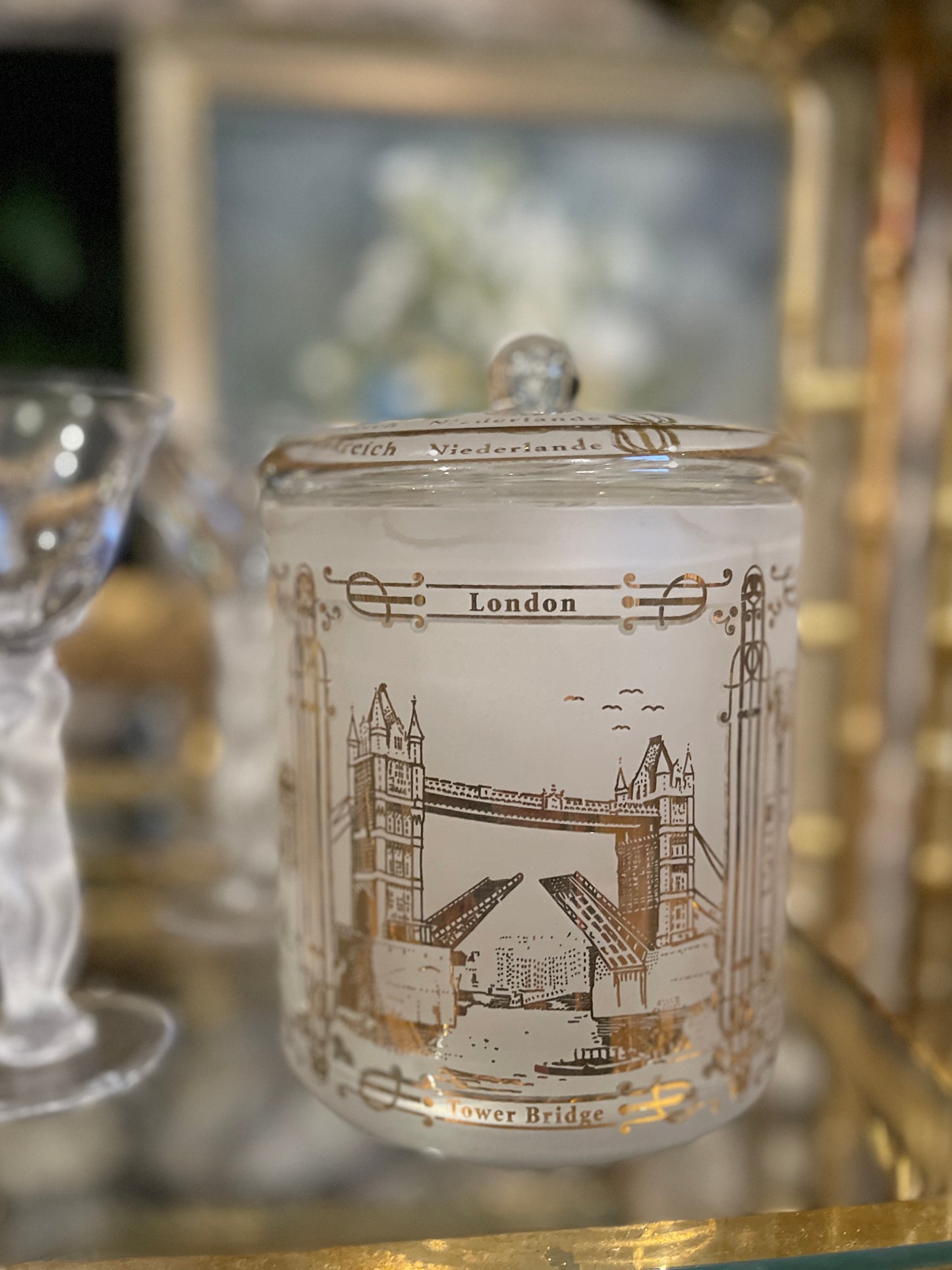 Lebkuchen Schmidt Lidded Canister, Frosted Glass, Gilt Scenes from Paris and London