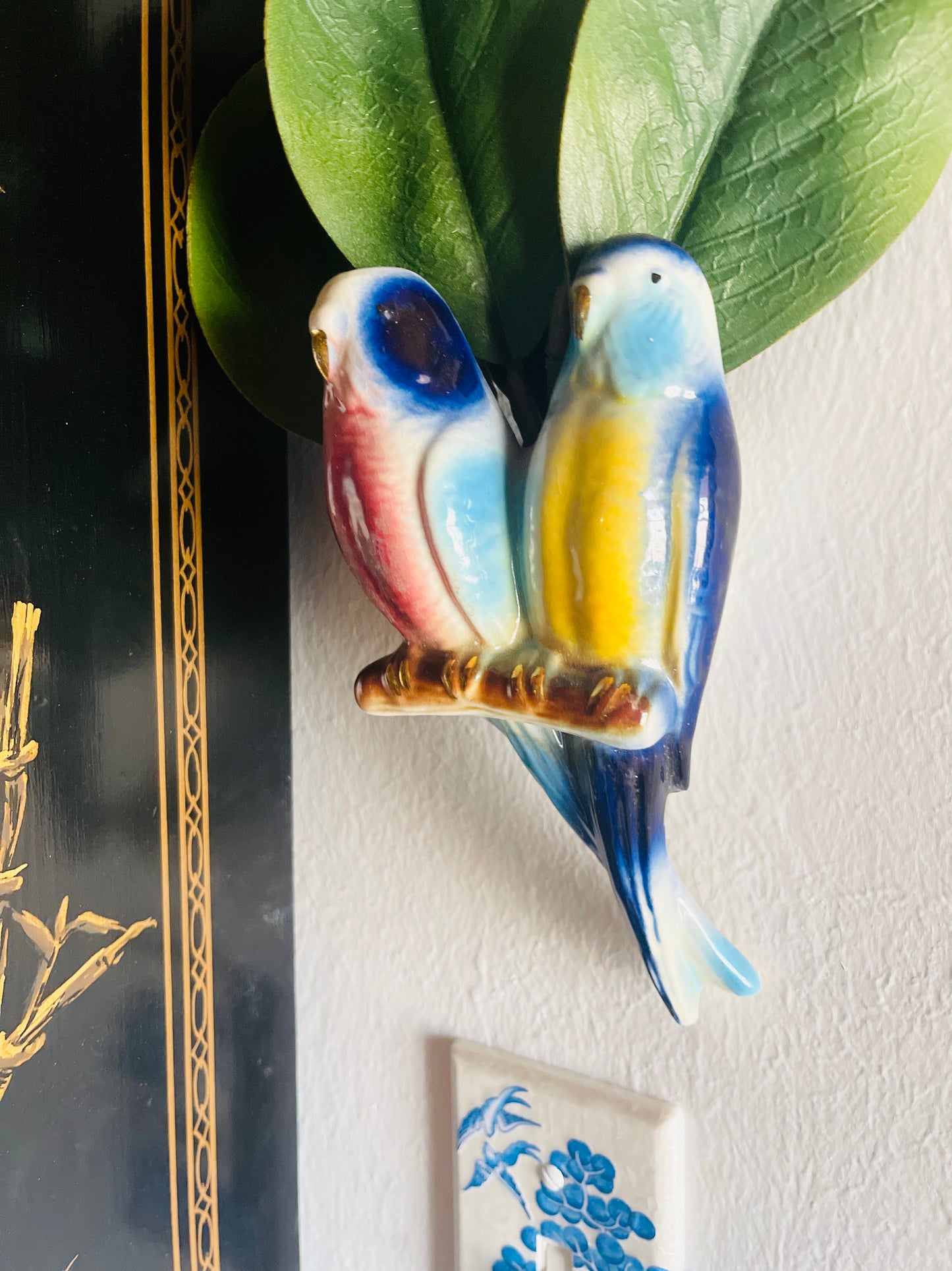 Vintage Budgie Parakeet Wall Pocket, Vibrant Blues, Pinks and Yellows with Gold Detail