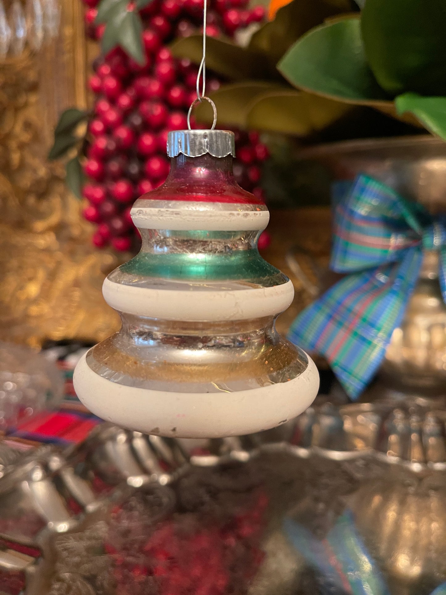 Vintage Shiny Brite Striped Mica UFO Tree Ornament Pair, Mid Century, Holiday Estate Decor