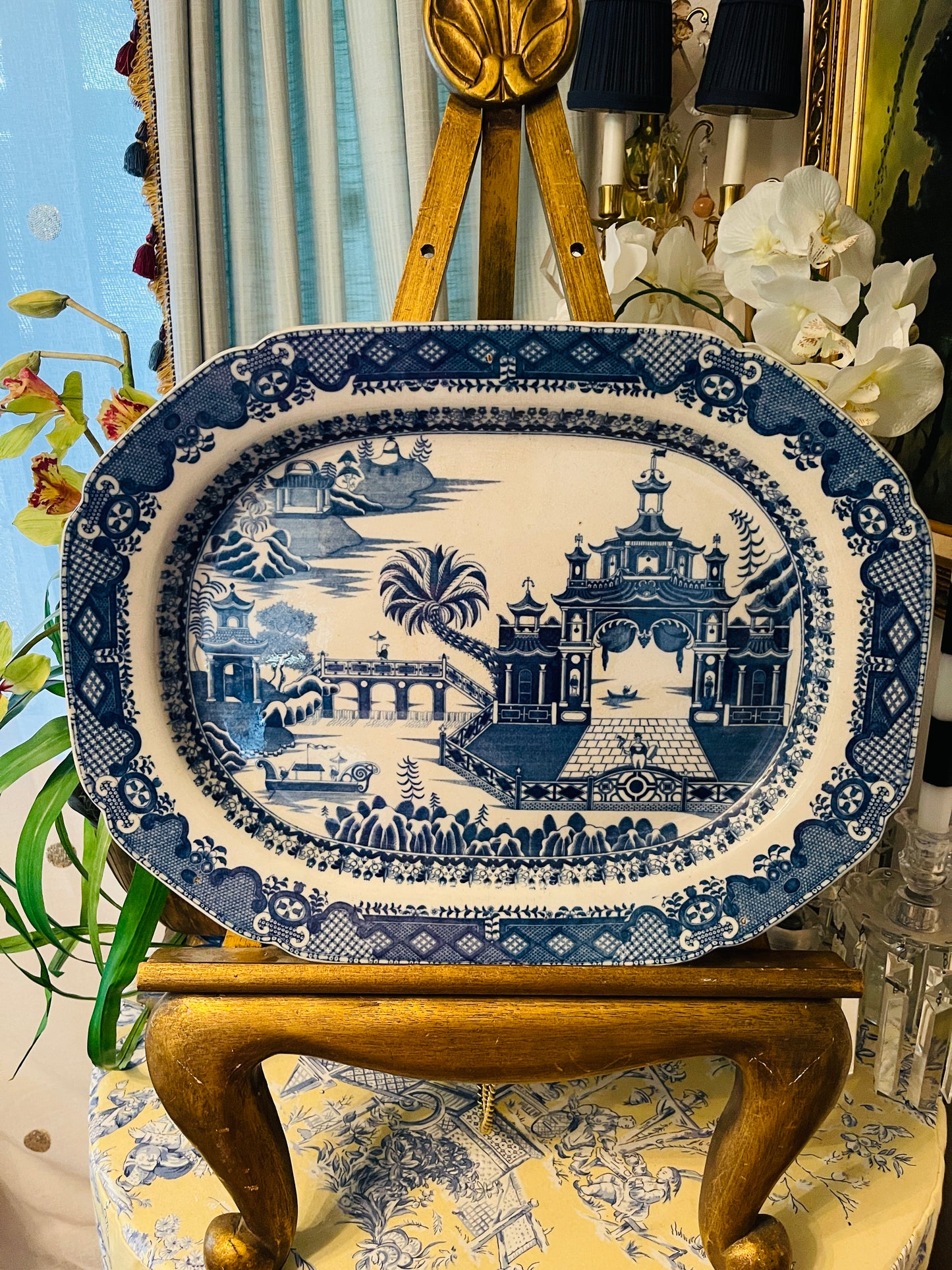Antique English Chinoiserie Platter – 20” Date Palm & Royal Barge Blue Transferware | Early 1800s Orientalist Pattern Serving Dish