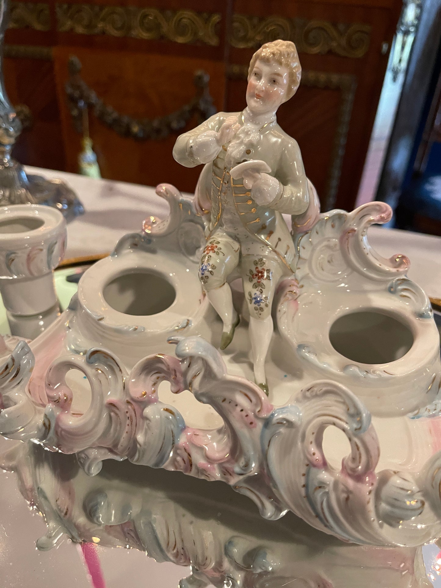 French Rococo-Style Porcelain Figural Inkwell with Lidded Inkwells