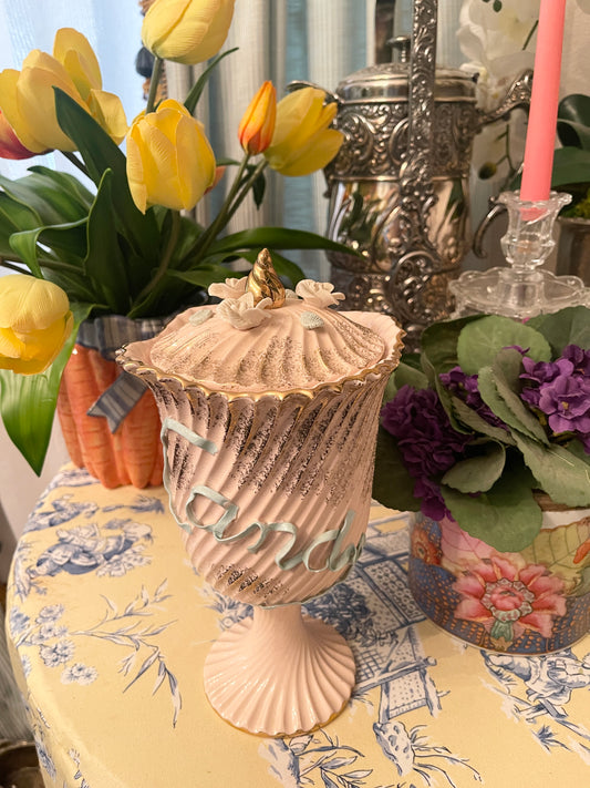 Wales Pedestal Lidded Pink Candy Dish with Applied Roses and Ribbon Lettering, Made in Japan