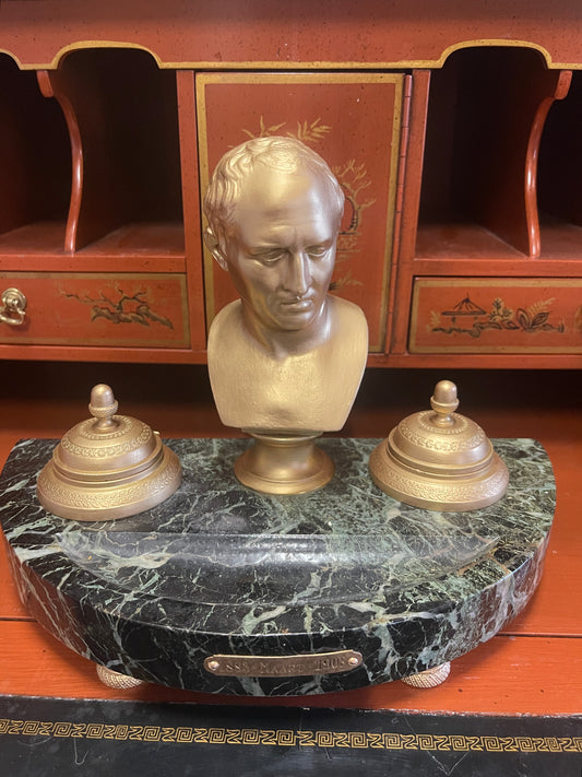 Antique Marble and Cast Metal Ink Well with Figural Roman Bust, FANTASTIC!