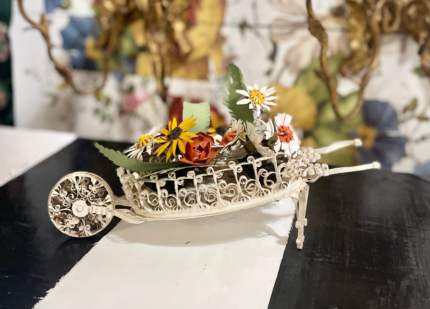 Vintage Tole Wheelbarrow with Flowers and Frawns