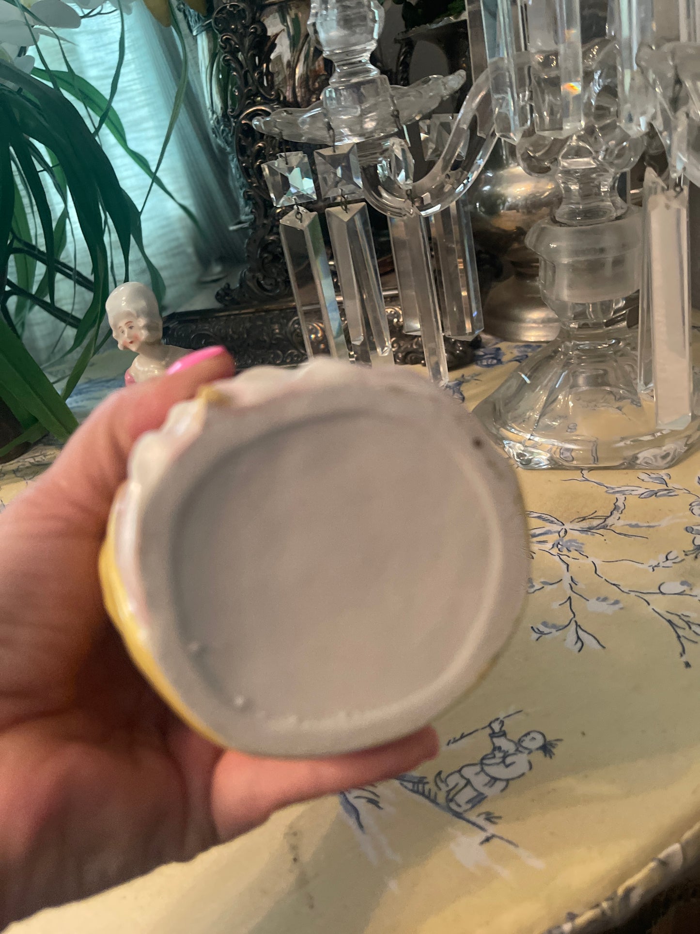 Antique German Porcelain Half-Doll Powder Box – Rococo Lady in Yellow Gown inspired by Marie Antoinette- Monte Vista Estate Drop