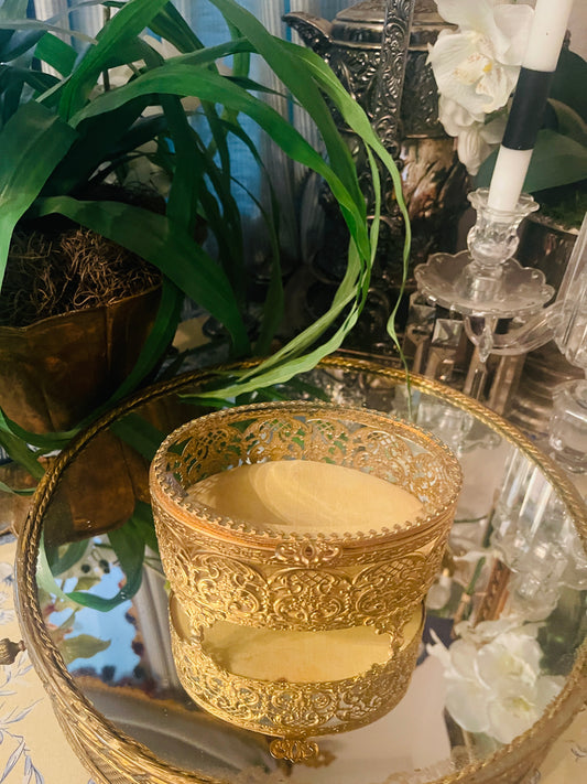 Ornate Round Ormolu & Beveled Glass Jewelry Casket — Vintage Filigree Vanity Box