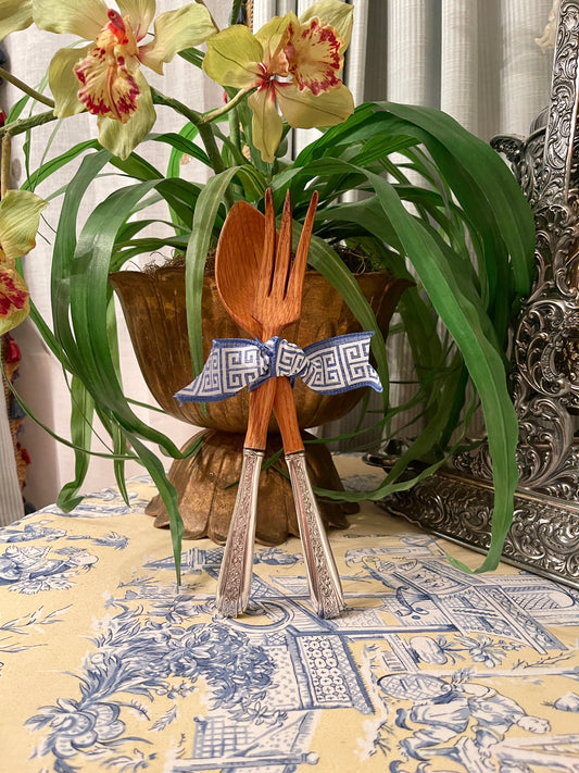 Vintage Sterling Silver and Wood Salad Fork and Spoon Serving Set
