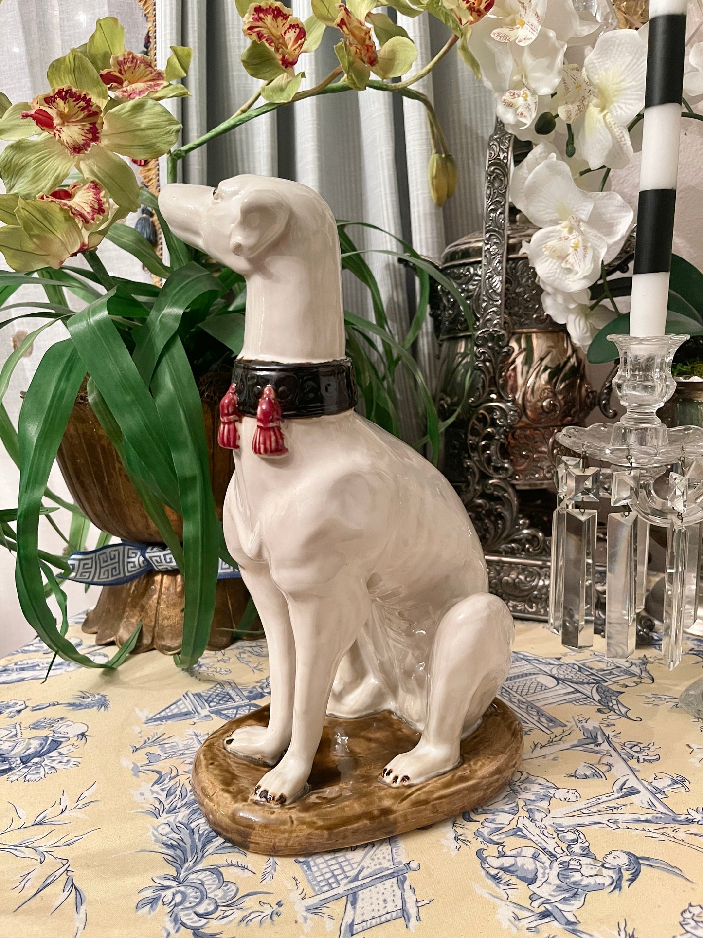Vintage Whippet Statue with Tasseled Collar, Majolica Style, Hand Painted