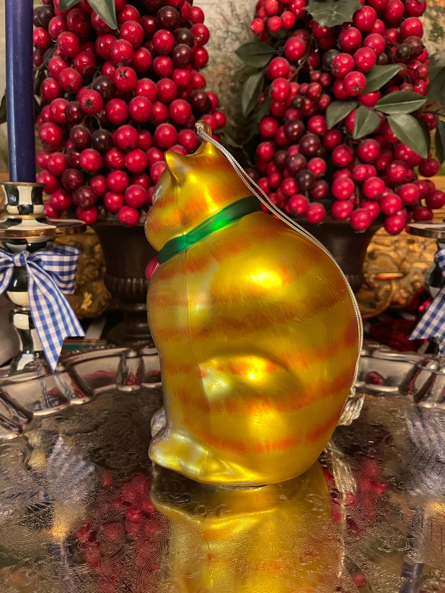Vintage Hand Painted Dept 56 Fat Cat Mercury Glass Ornament